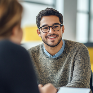 Professionnel échangeant lors d’un entretien, illustrant l’apprentissage de l’anglais dans un contexte professionnel
