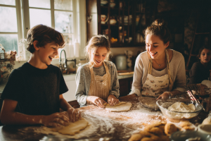 Enfants et adolescente préparant un repas en famille, illustrant l’expérience vécue lors d’un séjour linguistique en immersion