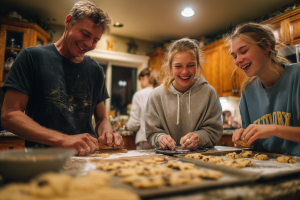 Famille préparant un repas ensemble en cuisine, illustrant l’immersion linguistique en anglais dans la vie quotidienne