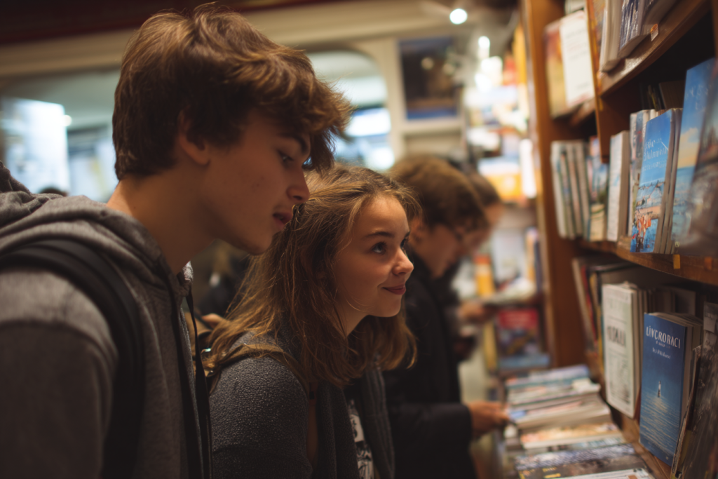 Adolescents explorant des livres ensemble, illustrant les moments partagés pendant un séjour linguistique