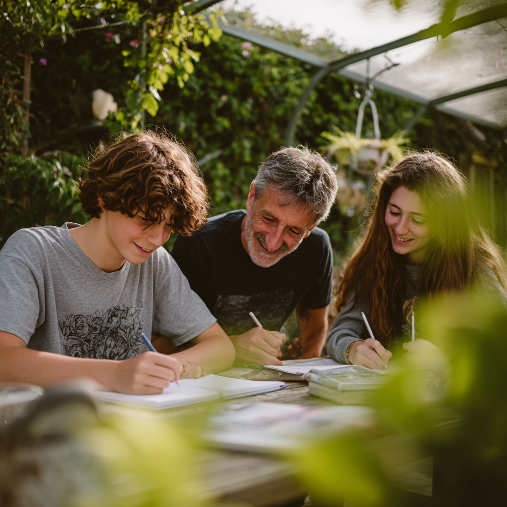 Adulte accompagnant deux adolescents lors d’une activité écrite, illustrant des cours d’anglais en immersion adaptés aux francophones