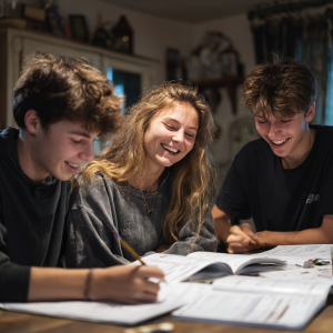Adolescents travaillant ensemble autour de cahiers, illustrant la préparation d’un séjour linguistique en immersion