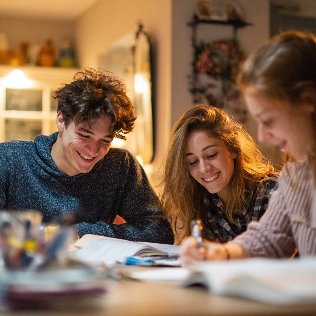 Adolescents échangeant dans un cadre convivial, illustrant l’expérience quotidienne d’un séjour linguistique