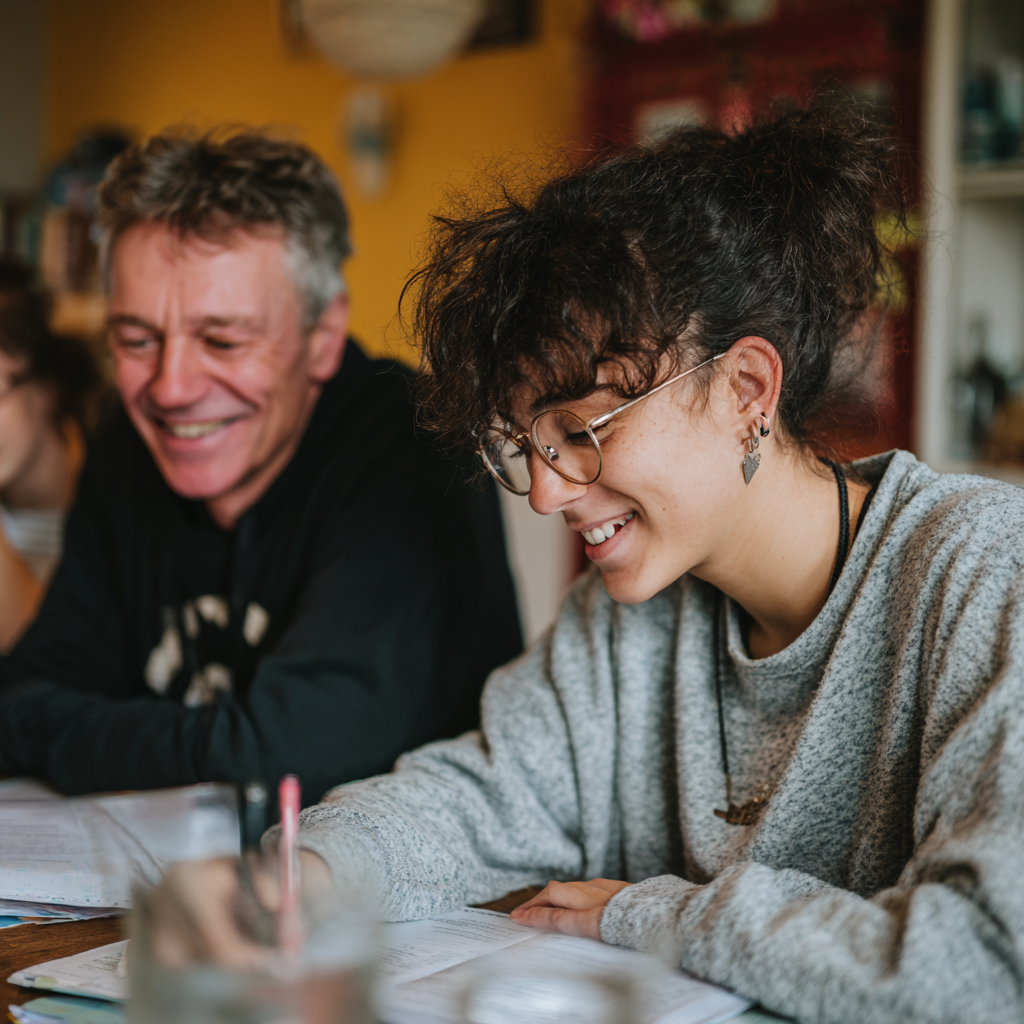 Adulte et adolescente échangeant lors d’une activité encadrée à table, illustrant l’accompagnement d’un séjour linguistique en immersion