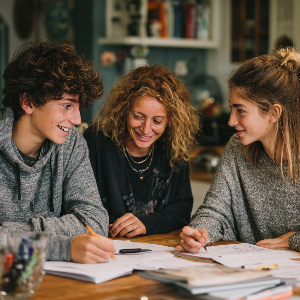 Adulte accompagnant deux adolescents lors d’une activité à table, illustrant la préparation d’un séjour linguistique en immersion