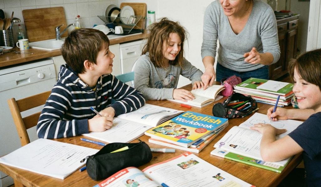 Enfants de 10 à 12 ans travaillant l’anglais autour d’une table avec un adulte, dans un cadre familial et bienveillant