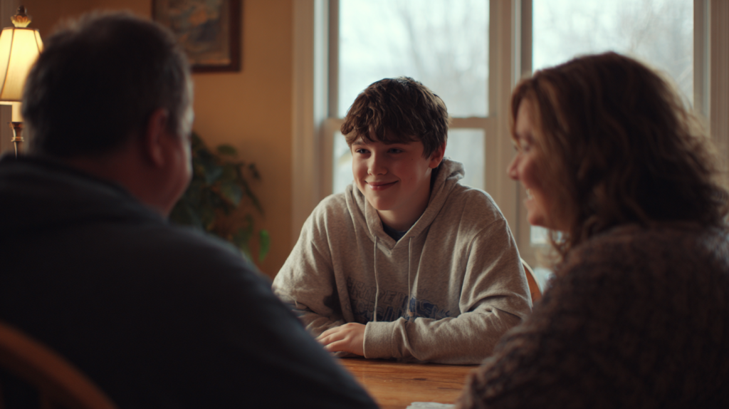 Enfant échangeant dans un cadre familial bienveillant, illustrant un accompagnement encourageant pour reprendre confiance