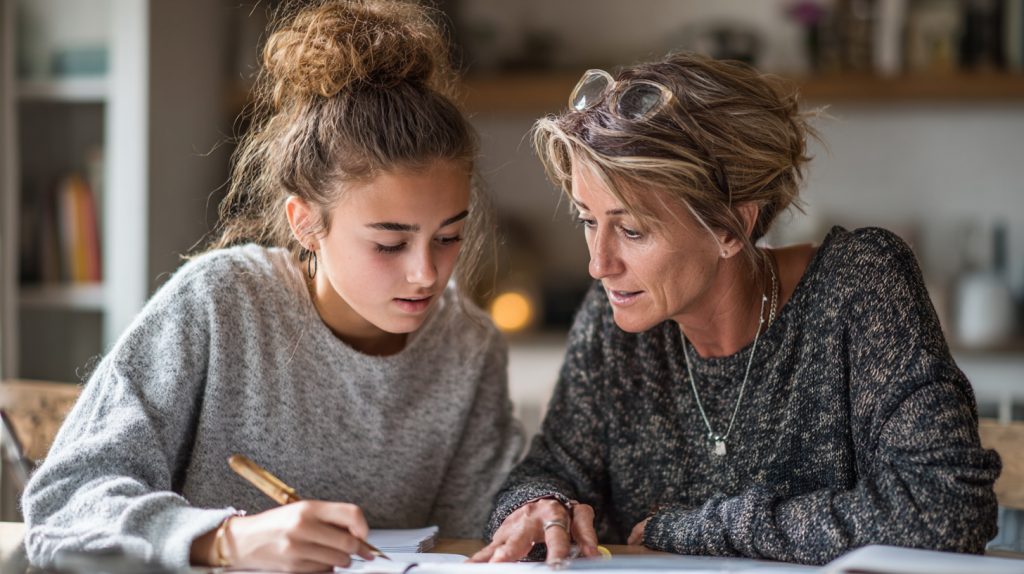 dolescent travaillant l’anglais avec un accompagnement attentif, illustrant le renforcement des compétences en anglais au lycée