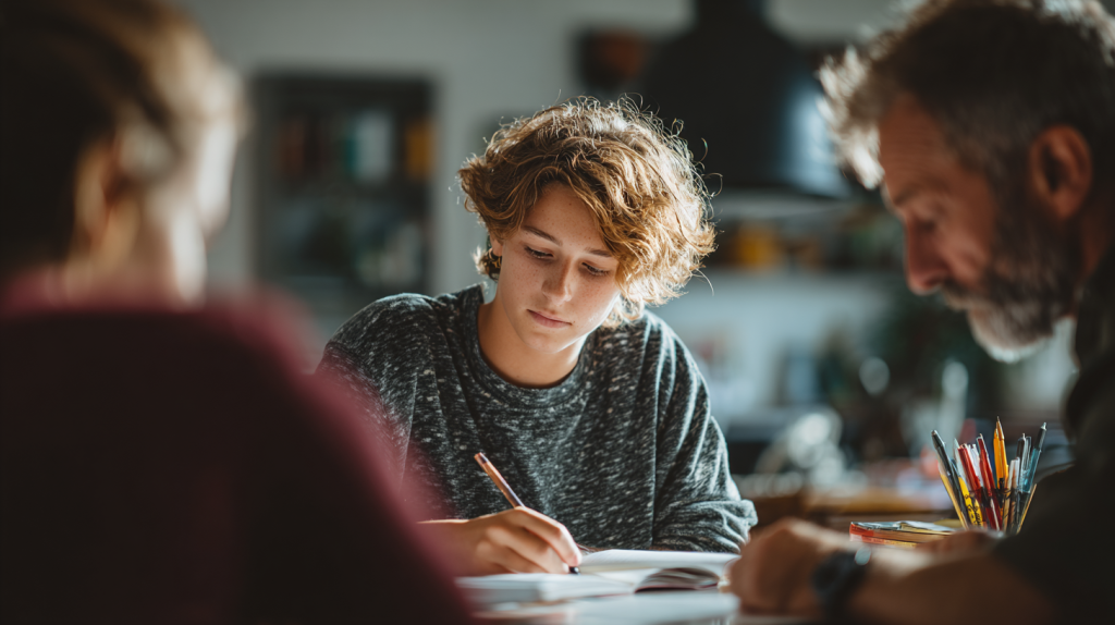 Jeune accompagné par des adultes lors d’un temps d’apprentissage, illustrant le développement de l’expression orale en anglais