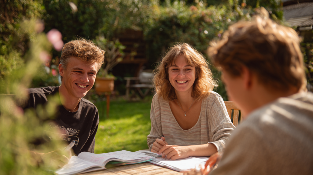 Jeunes échangeant avec un adulte autour d’un travail écrit en extérieur, illustrant un apprentissage de l’anglais en immersion internationale