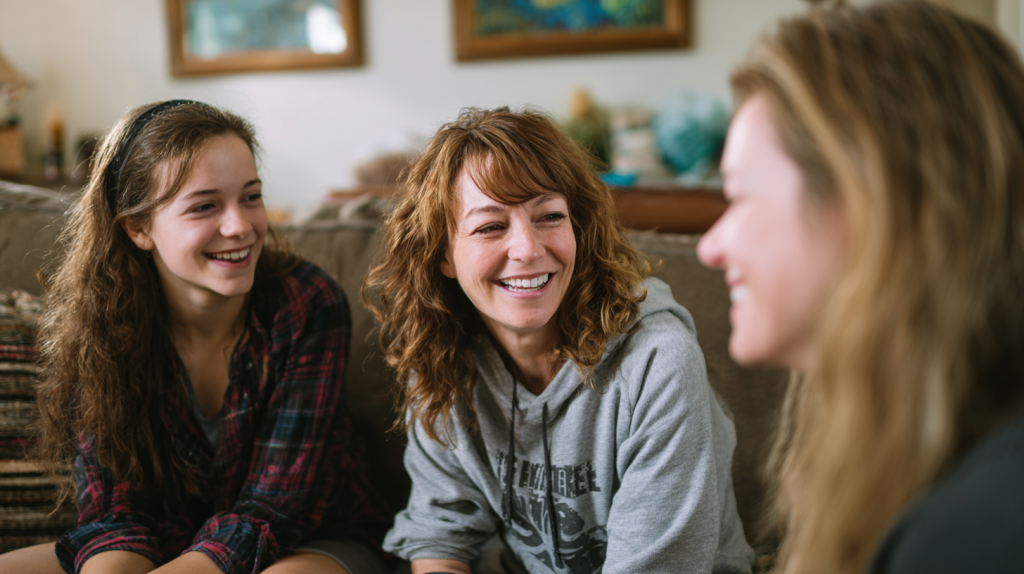 Moment d’échange chaleureux en famille, illustrant la prise de confiance et l’aisance à s’exprimer en anglais