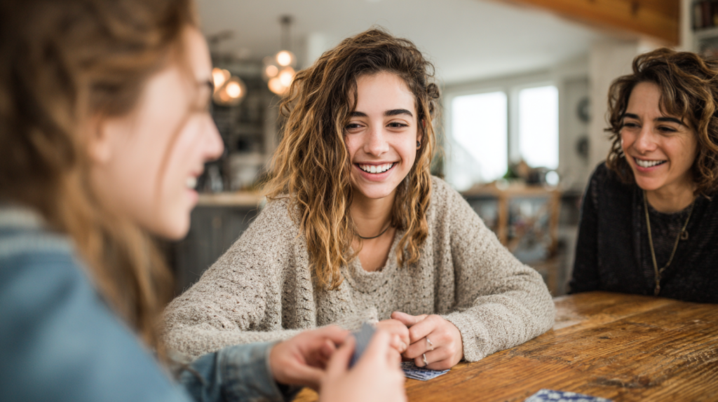 Échange convivial autour d’un jeu, illustrant une remise à niveau en anglais dans un cadre détendu et rassurant