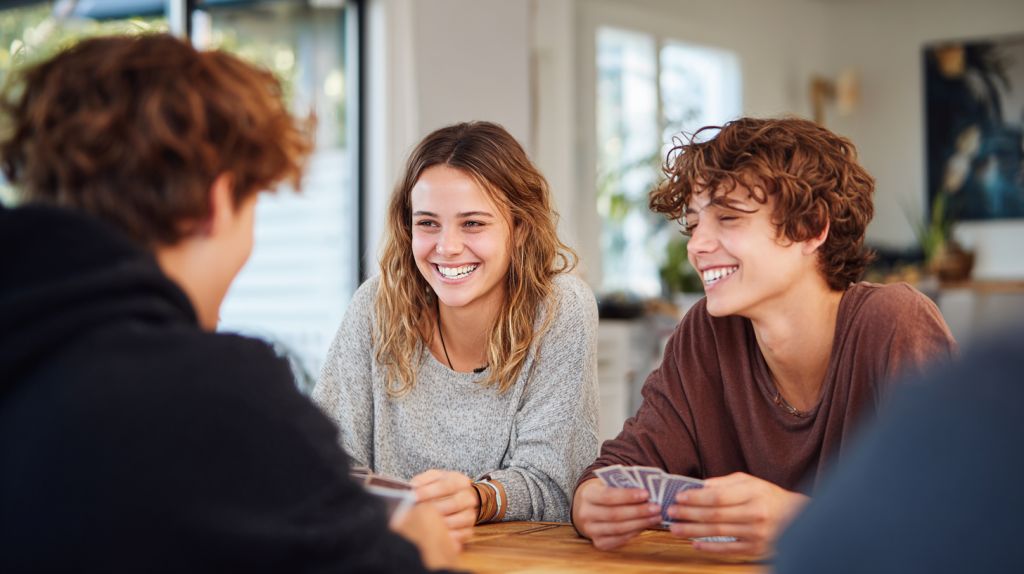 Lycéens partageant un moment d’échange autour d’un jeu, illustrant la pratique de l’anglais en immersion utile pour préparer Parcoursup