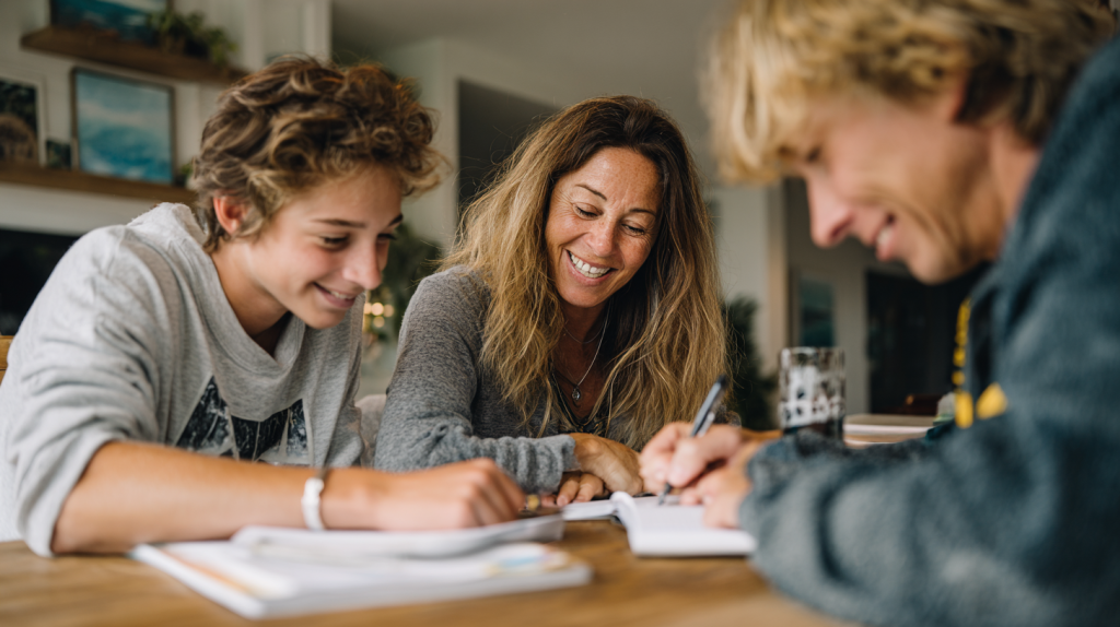 Lycéens travaillant l’anglais avec un adulte dans un cadre familial, illustrant la préparation de l’option anglais au bac général