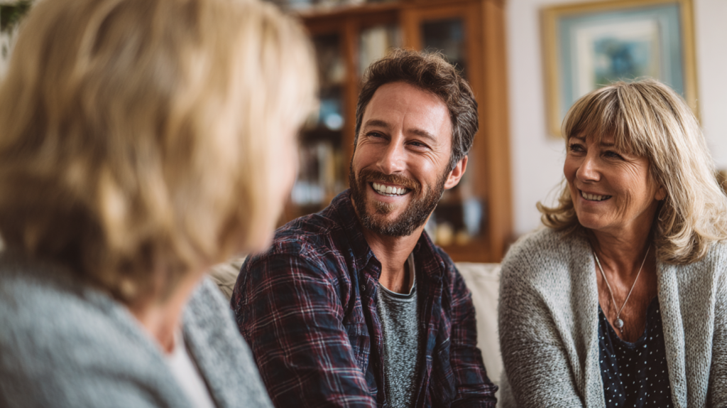 Adultes échangeant dans un cadre convivial et bienveillant, illustrant un apprentissage de l’anglais adapté aux débutants