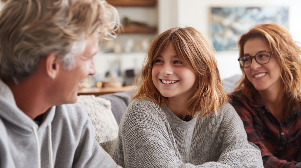 Moment d’échange entre une adolescente et une famille anglophone pour se préparer à une année à l'étranger