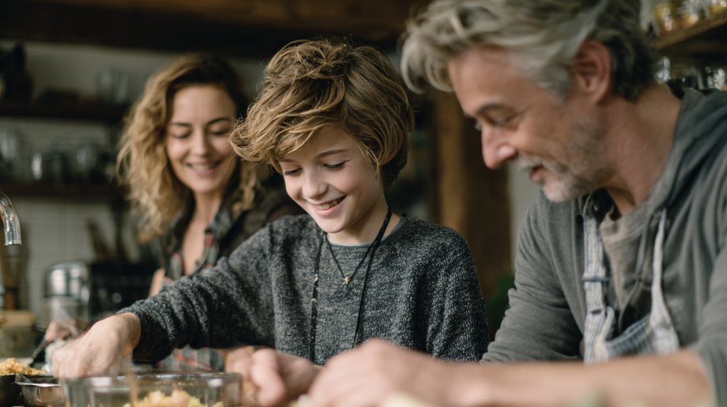 Enfant partageant une activité du quotidien en famille, illustrant une première immersion linguistique douce et progressive