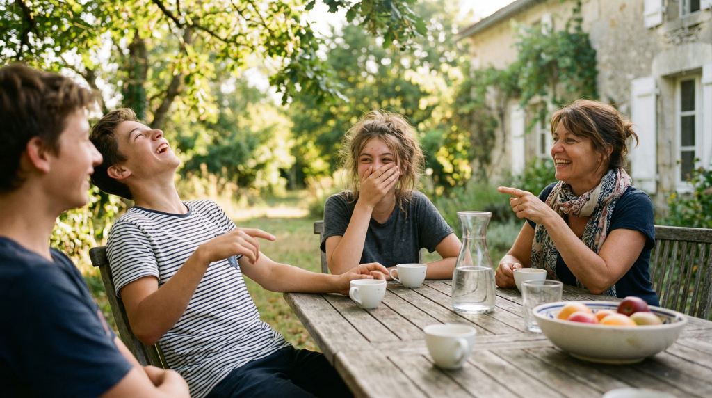 Organismes proposant des séjours linguistiques en anglais en France, adolescents en immersion échangeant avec un adulte encadrant