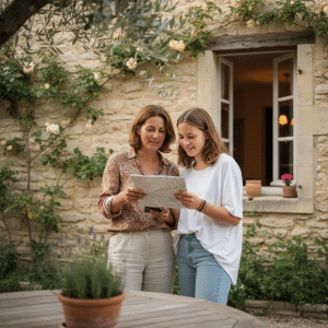Adolescente et mère d’accueil regardant une carte devant une maison, illustrant un séjour linguistique en famille avec DAILY ENGLISH.