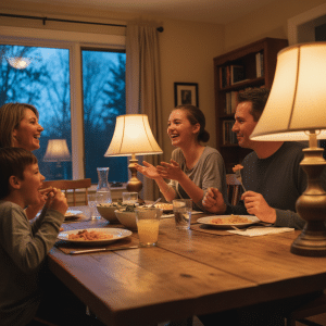 Enfant et adolescent partageant un repas avec leur famille d’accueil anglaise en France lors d’un séjour linguistique.