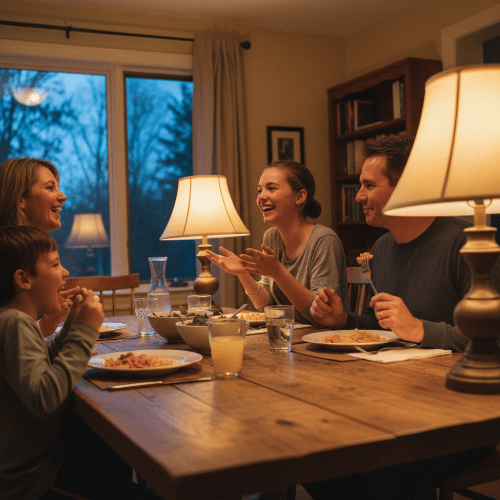Enfant et adolescent partageant un repas avec leur famille d’accueil anglaise en France lors d’un séjour linguistique.