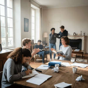 Groupe d’adolescents en séjour linguistique échangeant et étudiant avec une famille d’accueil, ambiance conviviale avec DAILY ENGLISH.