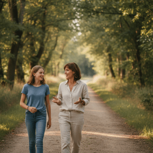 Une adolescente échange avec une famille d’accueil anglaise lors d’une balade en pleine nature pendant un séjour linguistique DAILY ENGLISH en France.