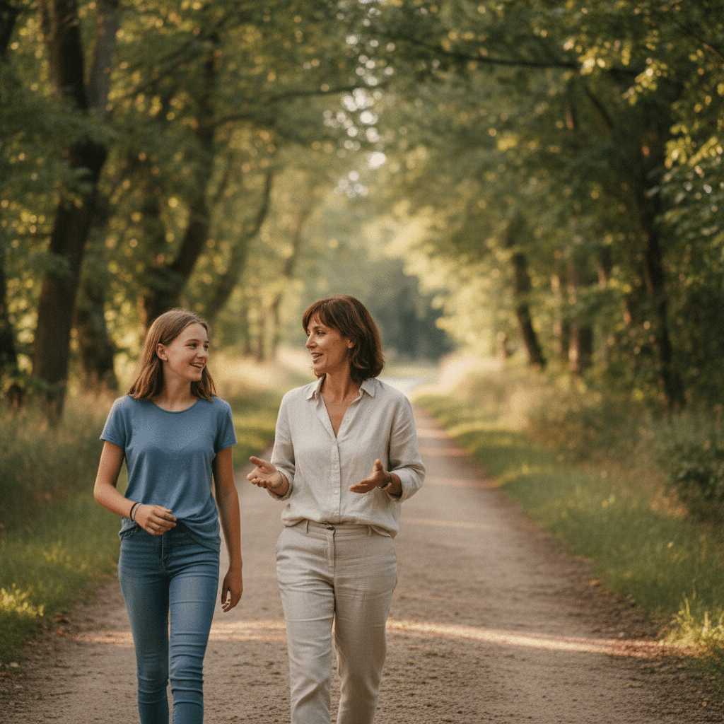 Une adolescente échange avec une famille d’accueil anglaise lors d’une balade en pleine nature pendant un séjour linguistique DAILY ENGLISH en France.
