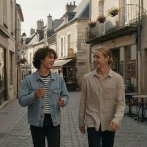 Deux adolescents discutent et se promènent dans une rue au style anglais, illustrant un séjour linguistique en famille d’accueil proposé par DAILY ENGLISH en France.