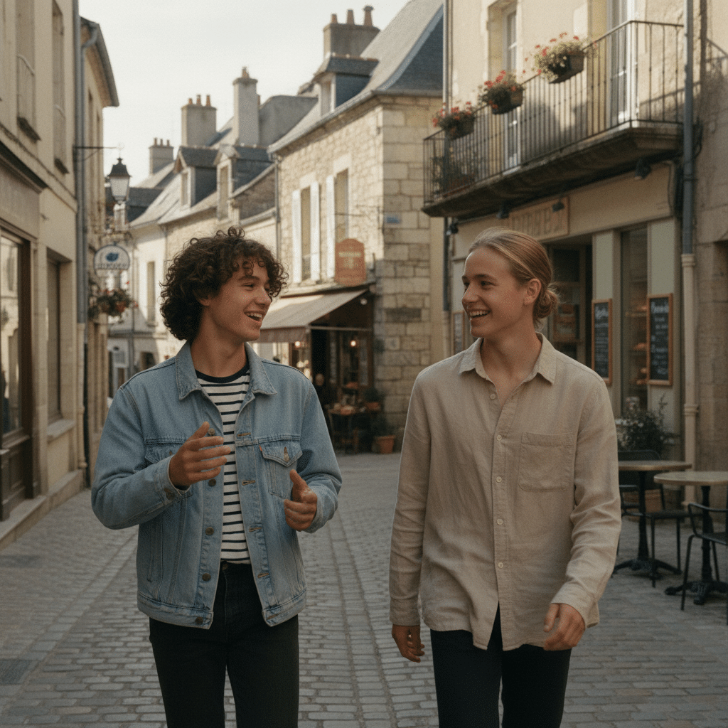 Deux adolescents discutent et se promènent dans une rue au style anglais, illustrant un séjour linguistique en famille d’accueil proposé par DAILY ENGLISH en France.
