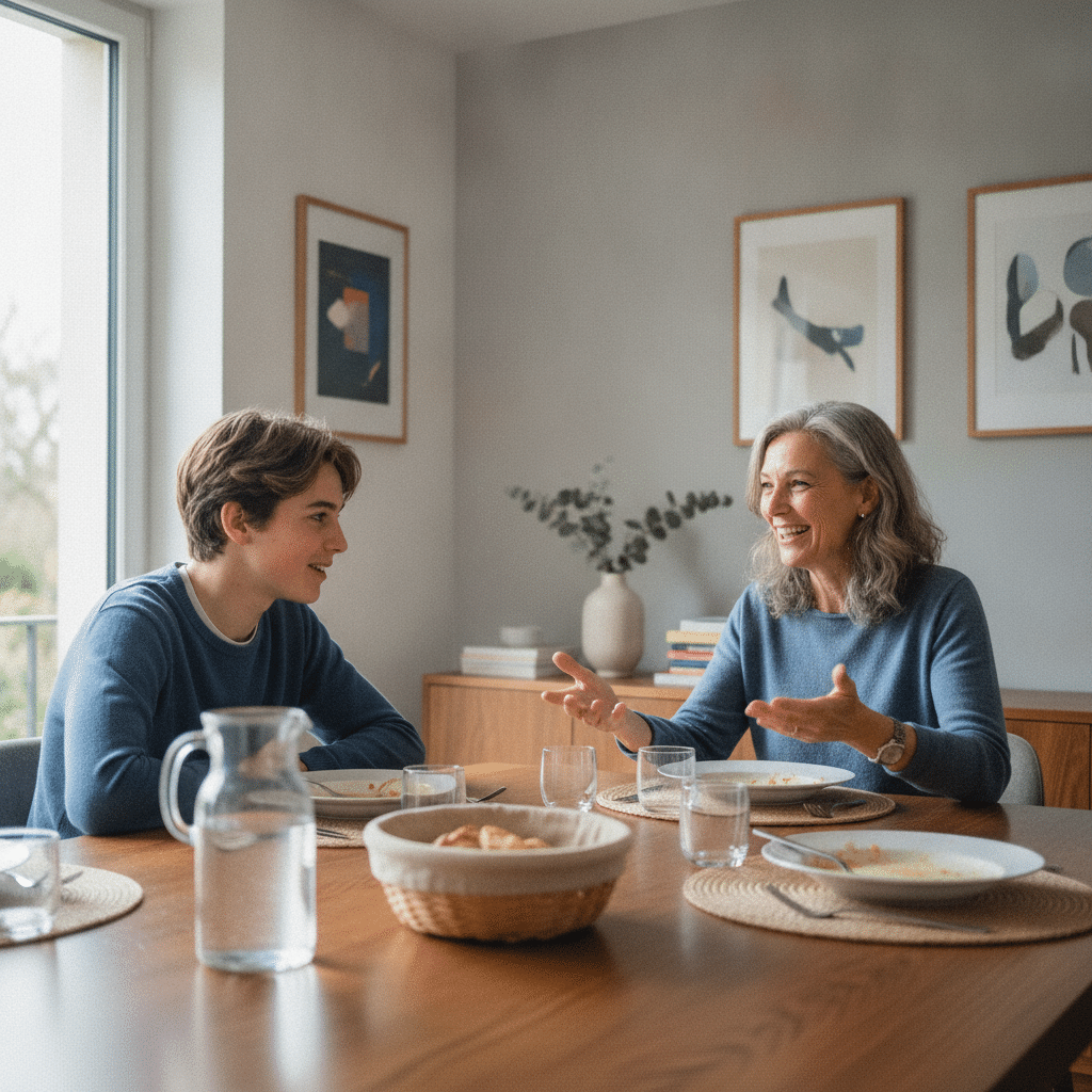 Un adolescent discute animé à table avec son hôtesse d'accueil anglaise, lors d'un repas en immersion.