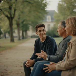 Adolescent échangeant en anglais avec sa famille d'accueil sur un banc, dans un parc, lors d'un séjour linguistique en immersion