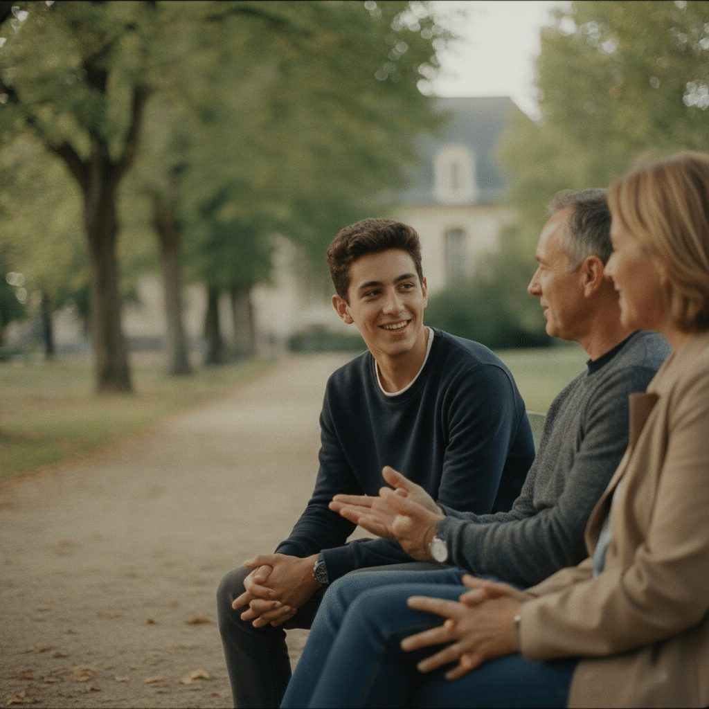 Adolescent échangeant en anglais avec sa famille d'accueil sur un banc, dans un parc, lors d'un séjour linguistique en immersion