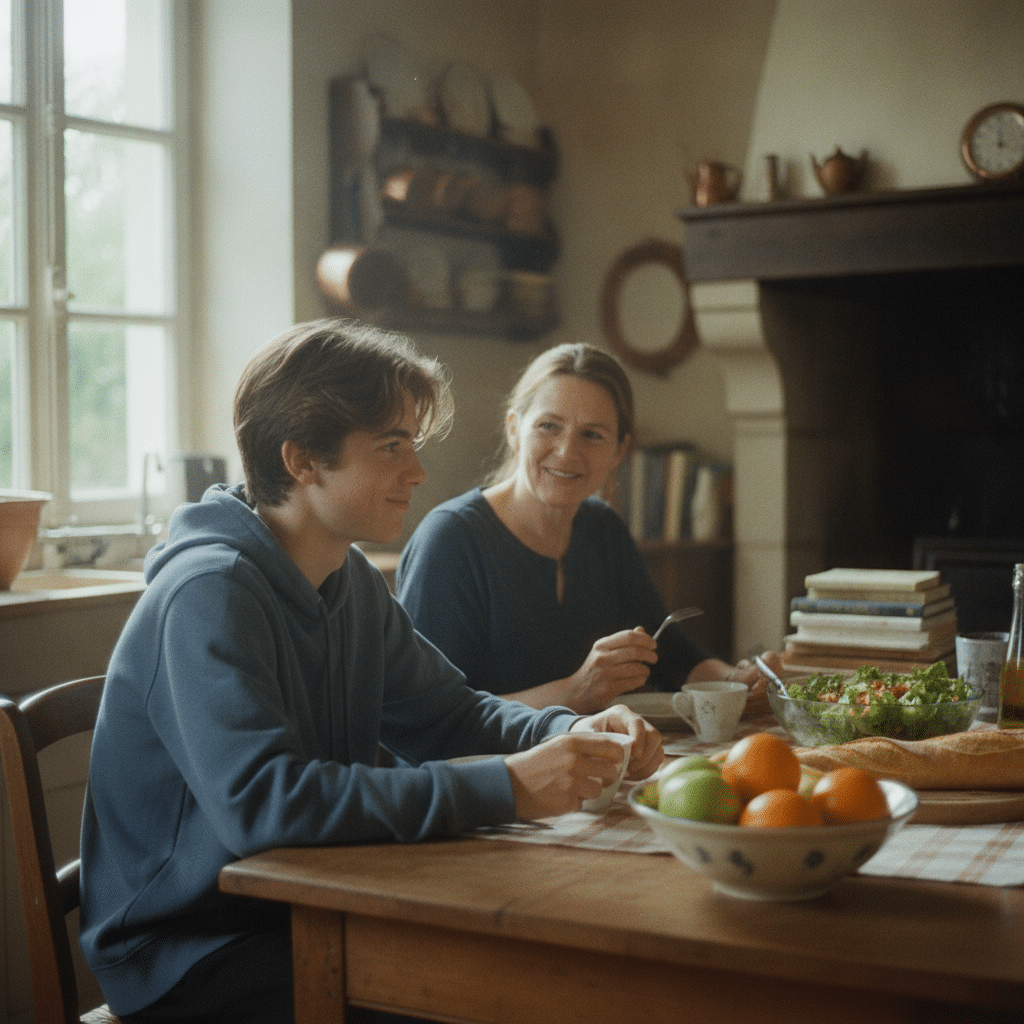 Un adolescent timide échange discrètement avec son hôtesse d'accueil anglaise, dans une cuisine chaleureuse.