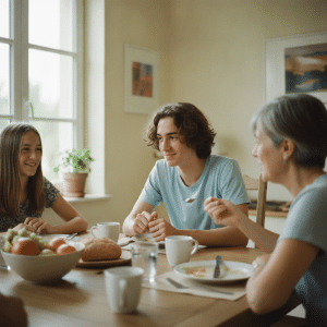Un adolescent partage le petit-déjeuner et discute avec son hôtesse d'accueil anglaise et une autre jeune fille.
