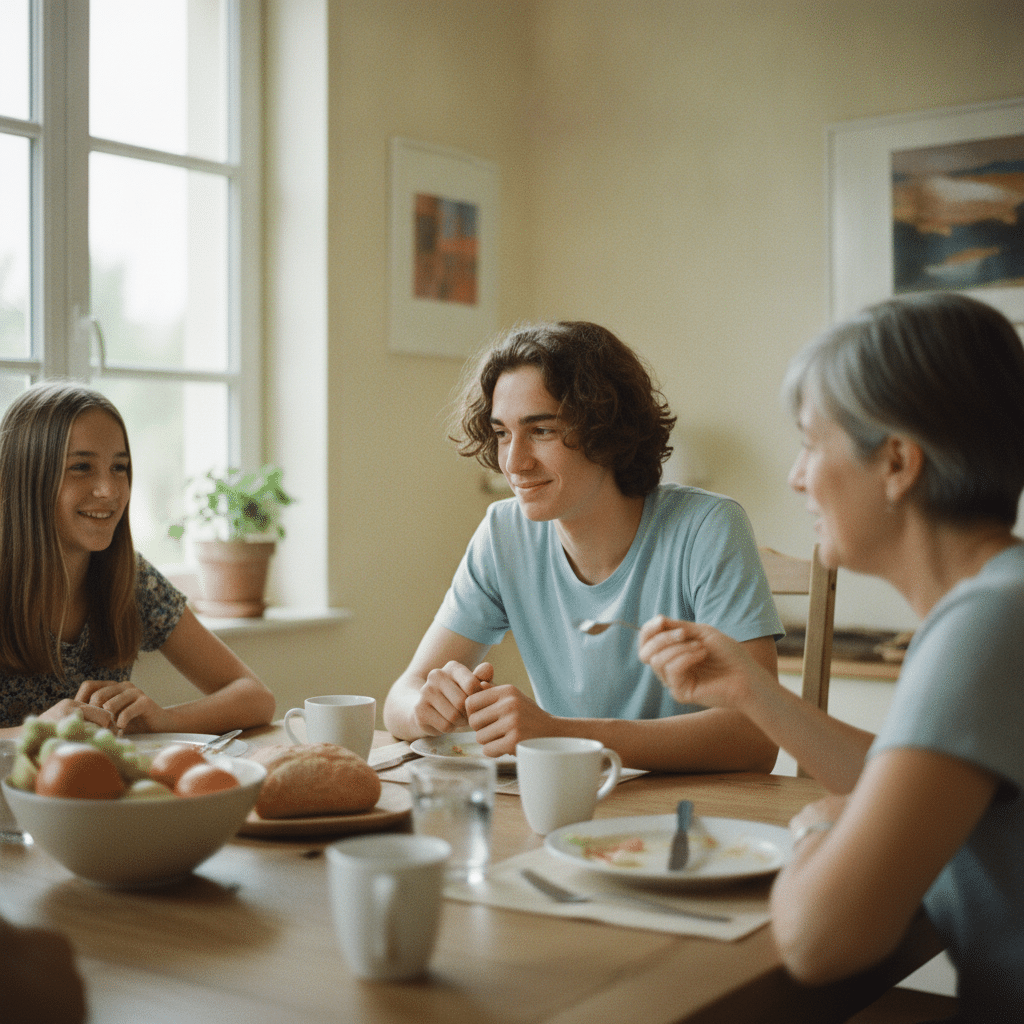 Un adolescent partage le petit-déjeuner et discute avec son hôtesse d'accueil anglaise et une autre jeune fille.