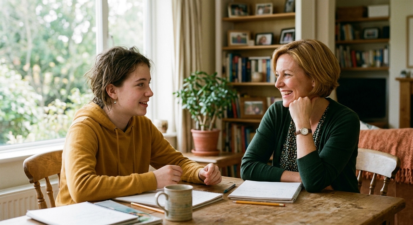 Adolescente échangeant avec sa mère autour d'une table, préparant sereinement son premier séjour linguistique en immersion en France