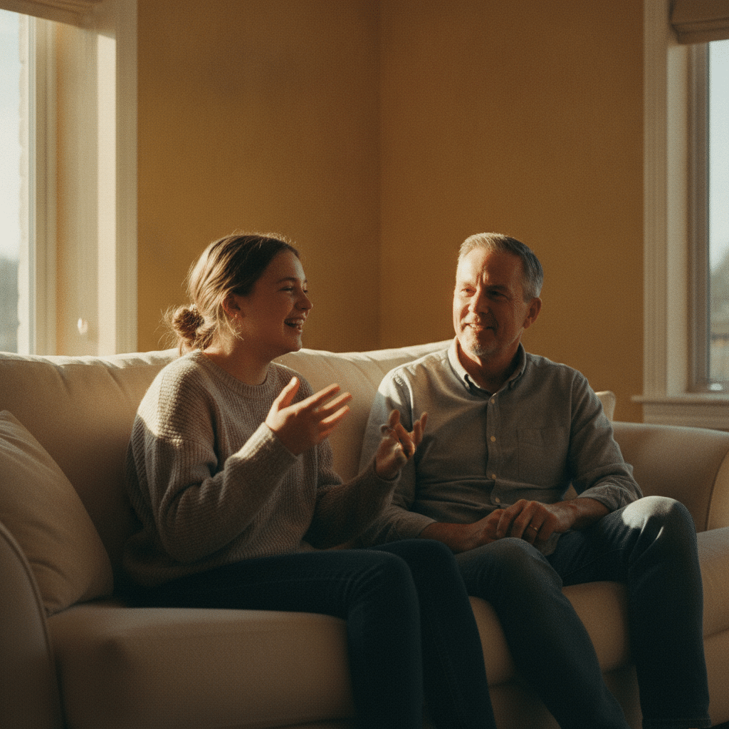 Une adolescente discute naturellement avec un adulte anglophone dans un salon ensoleillé, illustration de la pratique orale en immersion linguistique.