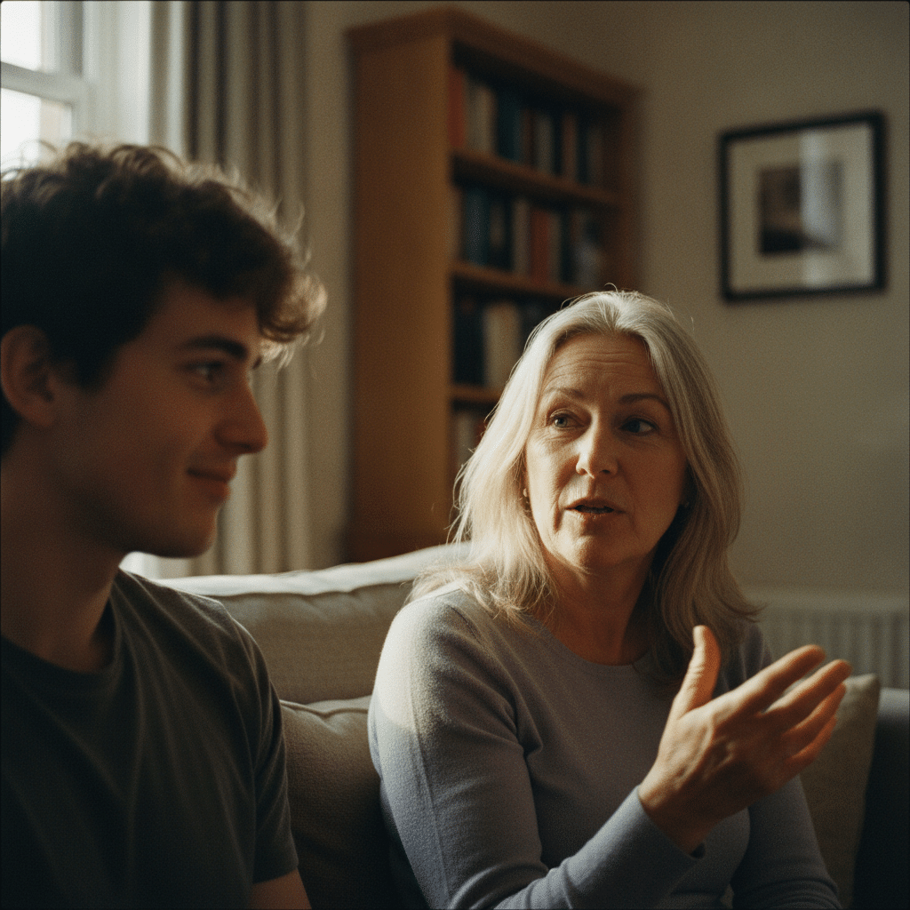 Un adolescent écoute attentivement une personne anglophone native lors d'une conversation informelle, illustrant la compréhension orale de l'anglais en immersion.