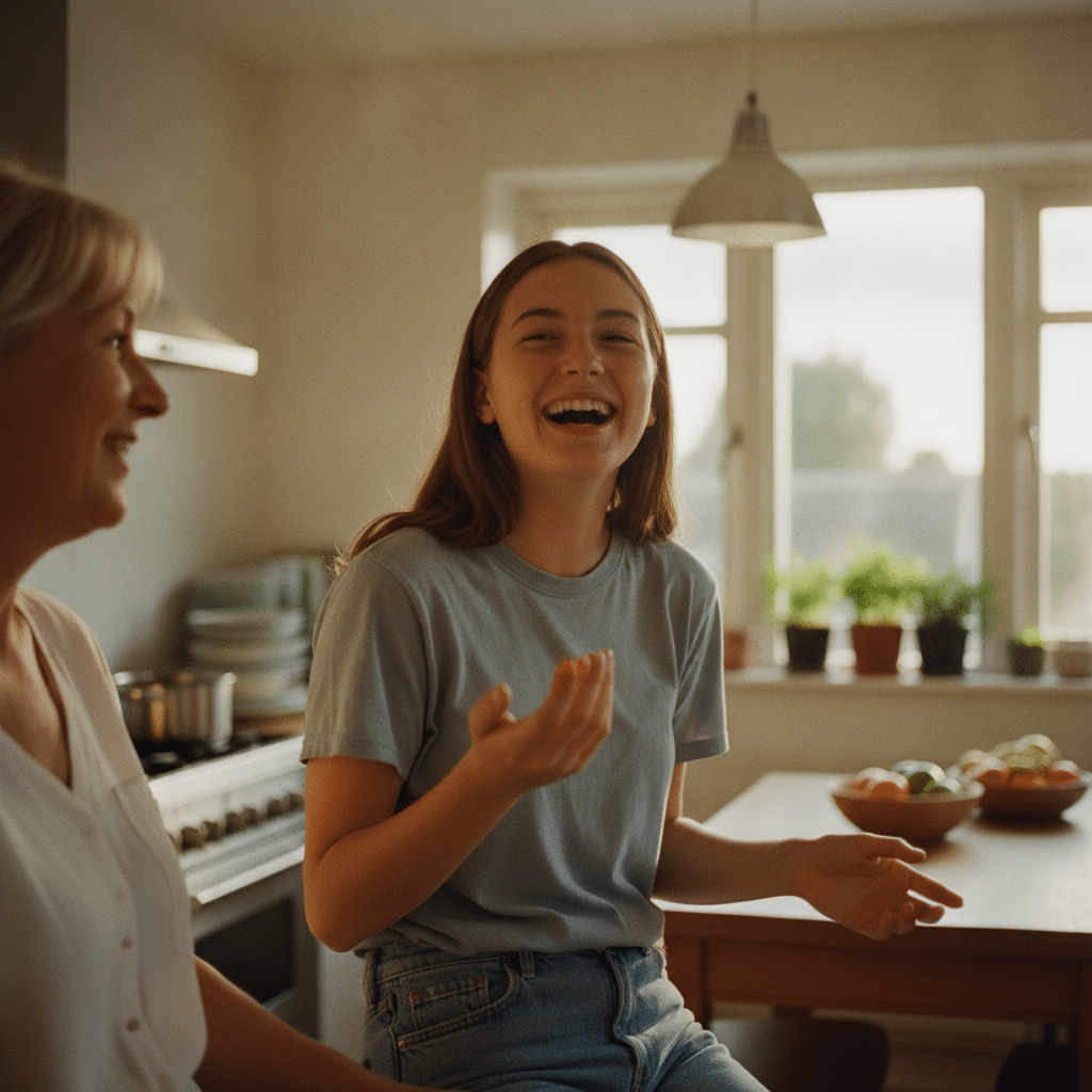 Une jeune fille souriante parle avec naturel et confiance en anglais avec sa famille d'accueil anglophone dans une cuisine lumineuse.