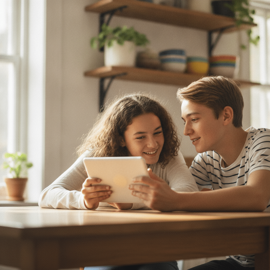 Deux adolescents écoutent et découvrent les accents britanniques ensemble lors d'une leçon d'anglais en immersion.