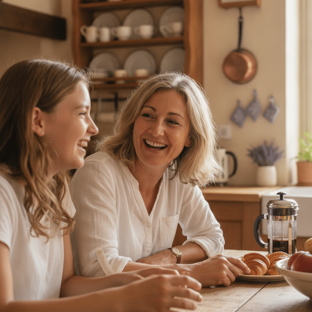 Une jeune fille échange en anglais avec une femme anglophone durant un moment de conversation à la cuisine, illustration d'une pratique quotidienne de la prononciation en immersion.