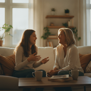 Adolescente en conversation animée avec une femme anglophone autour d'une table, illustrant l'apprentissage en contexte et l'immersion linguistique naturelle.