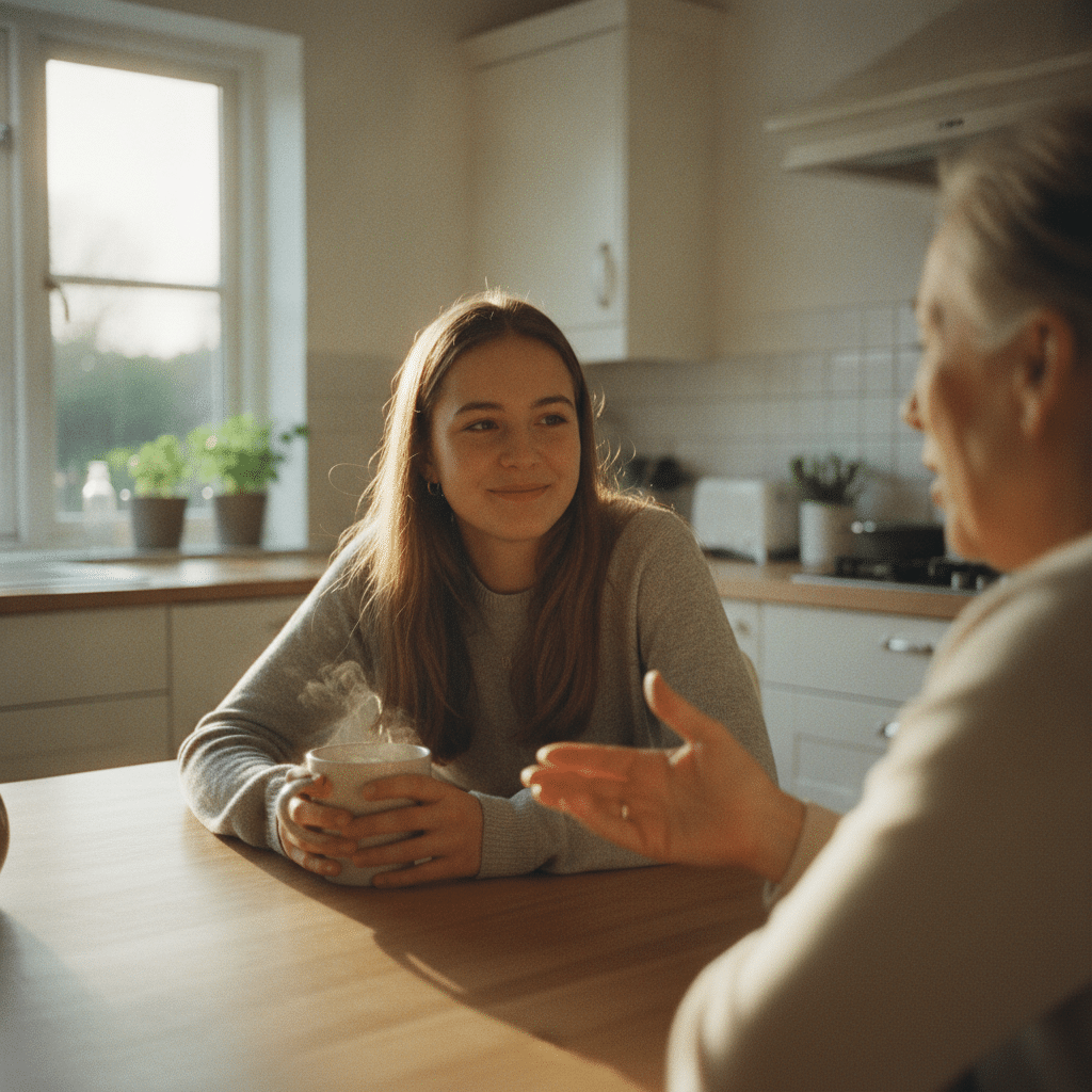 Adolescent ou jeune adulte en conversation naturelle avec un adulte anglophone dans une cuisine lumineuse, symbole de confiance retrouvée en parlant anglais.