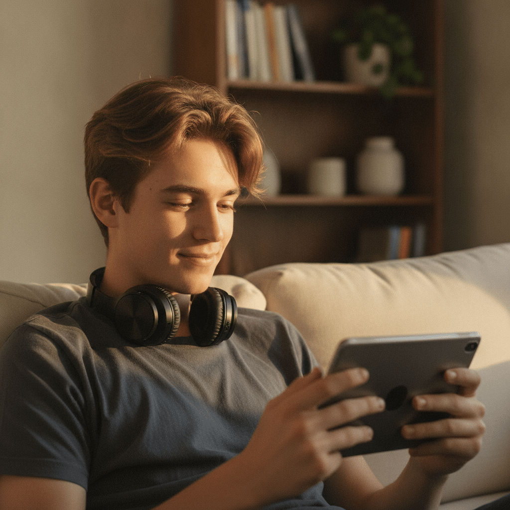 Un adolescent regardant un film en anglais sur sa tablette, concentré et attentif dans un salon lumineux.