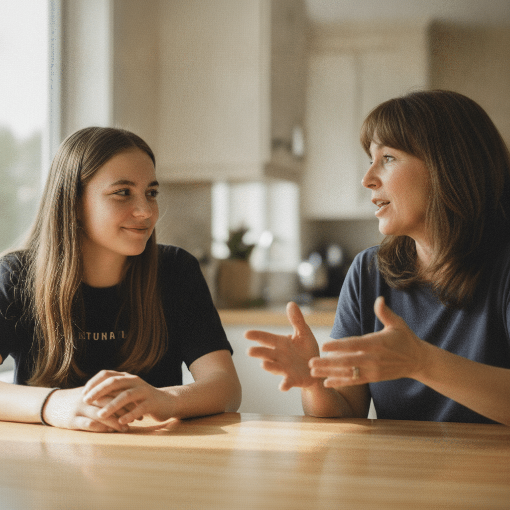 Une adolescente comprenant une femme anglophone native qui parle à table pendant un repas en famille.