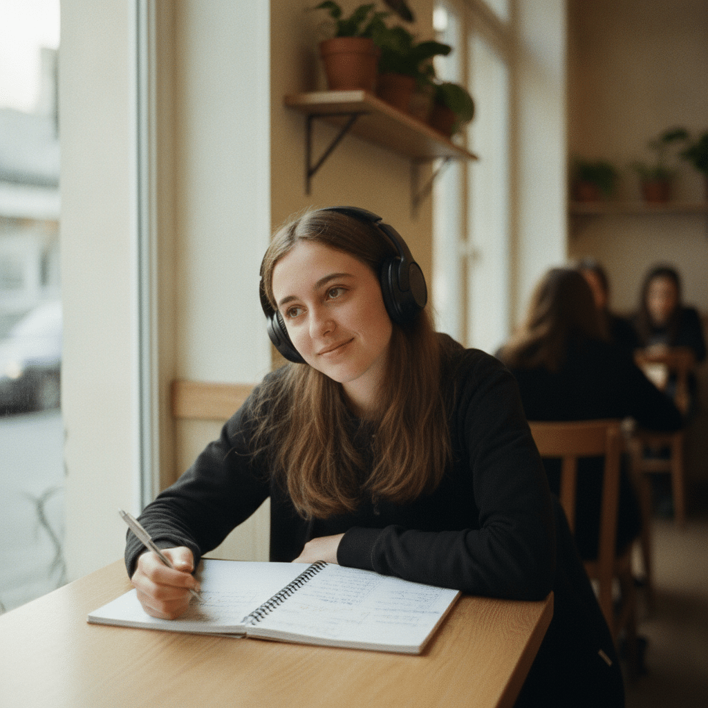 Une adolescente avec des écouteurs écoute attentivement une leçon d'anglais, le sourire concentré, dans un café français lumineux.