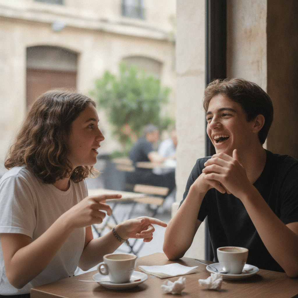 Deux adolescents conversent naturellement en anglais dans un café, l'un riant tandis que l'autre parle avec gestuelle expressive.