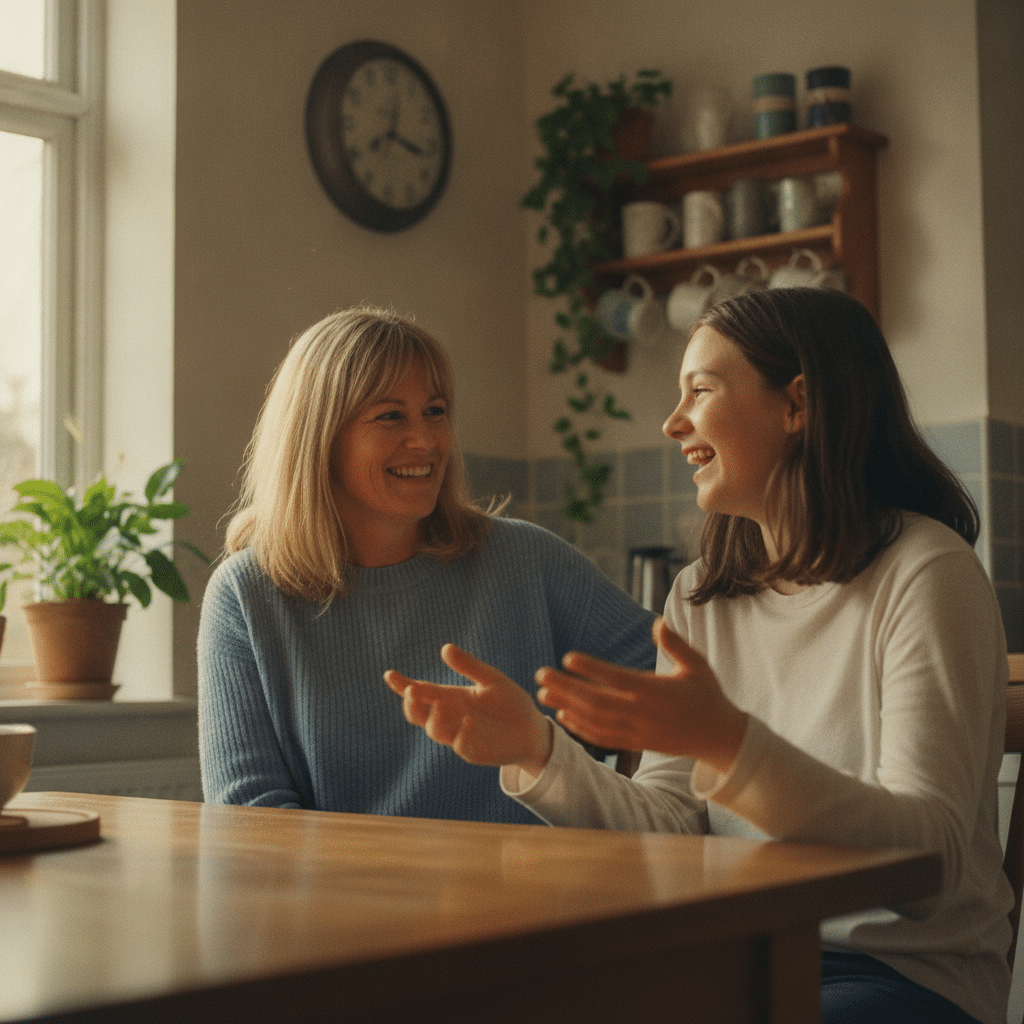 Une adolescente parle avec naturel et sourire à une femme anglophone native dans une cuisine baignée de lumière naturelle, illustrant la fluidité conversationnelle en immersion.