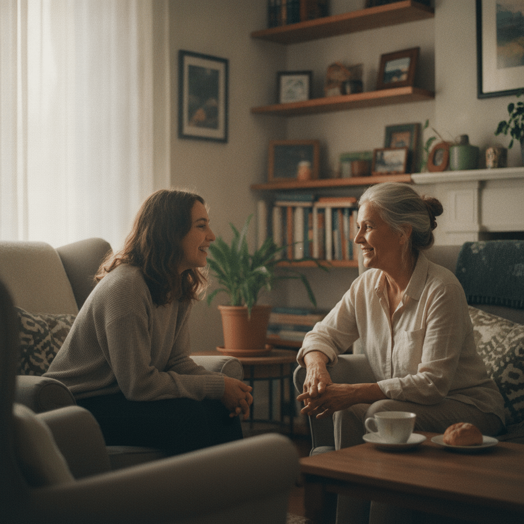 Une jeune fille converse naturellement avec une femme anglophone dans un salon lumineux, échangeant avec confiance et sourire.